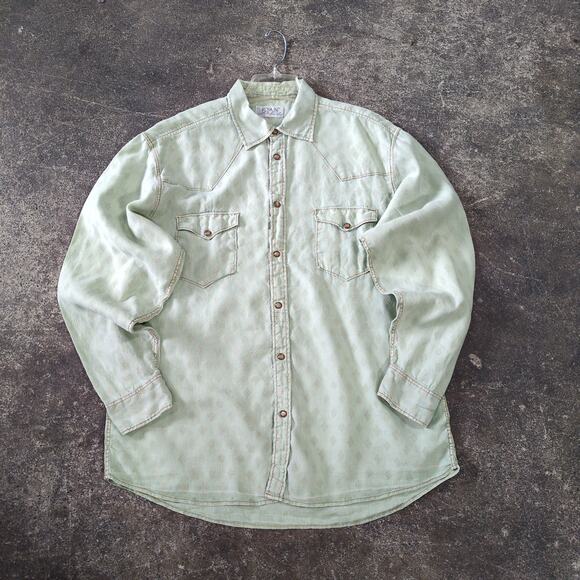 Ryan Michael Pearl Snap Western Shirt Mens XL Green Long Sleeve Silk Textured - Picture 1 of 8